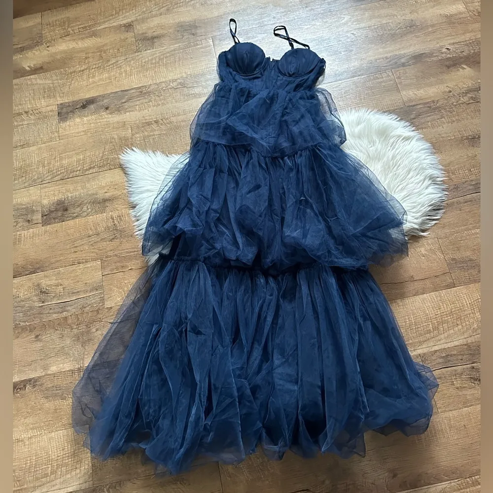LULU’S Unforgettable Poise Navy Blue Tulle Bustier Tiered Maxi Dress - Image 5