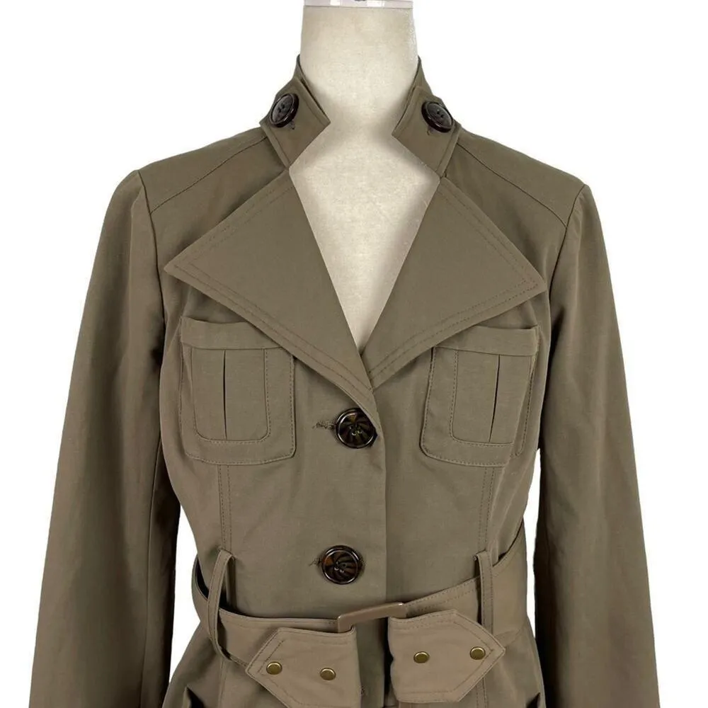 BLANC NOIR Belted Tailored Office Siren Trench Coat Ruffle Cuffs Medium Green - Image 7