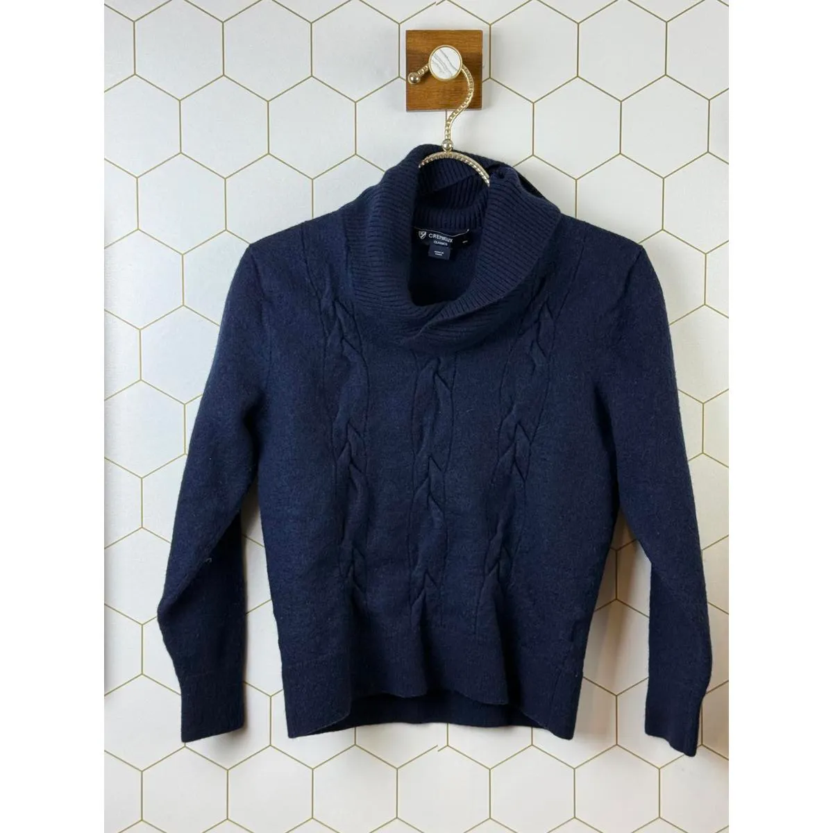 Cremieux Classics Wool Navy Blue Cable Knit Turtleneck Sweater - Size - Medium - Image 6