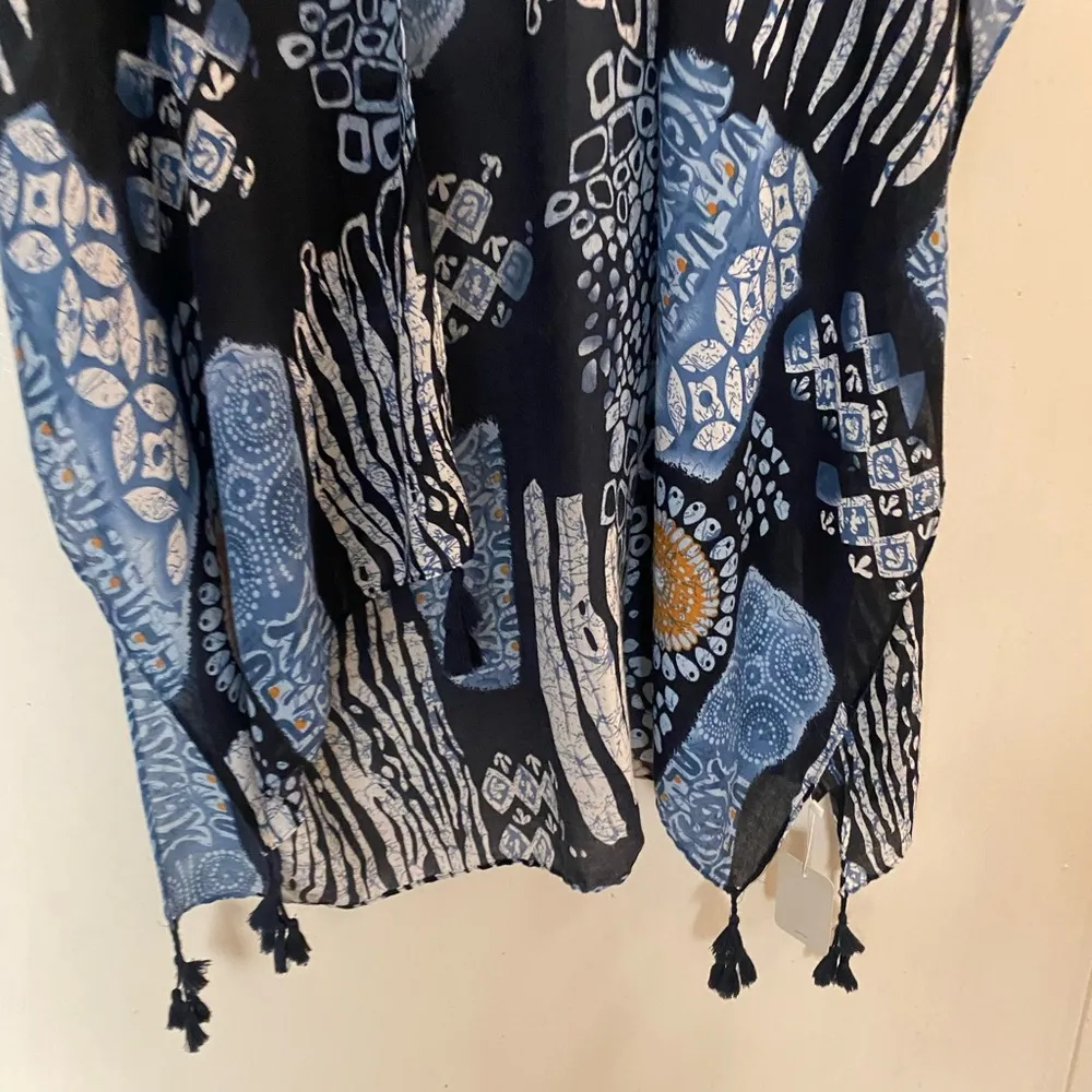 Be Clever Women’s Shawl Sleeved Cover Up Blue White Boho Print L Large NWT - Image 3