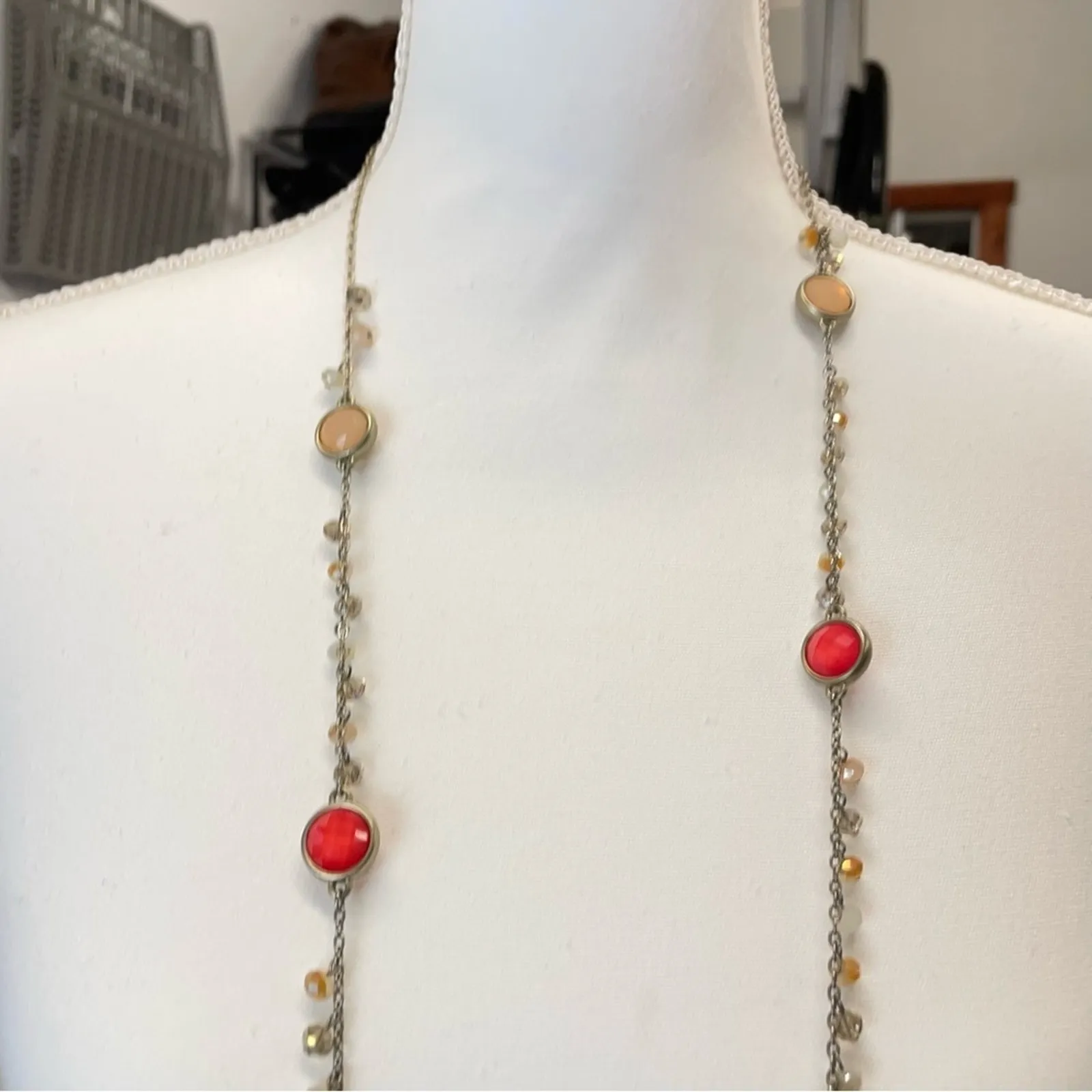 Loft Gold Tone Orange & Cream Fauceted Glass Long Beaded Necklace - Image 2