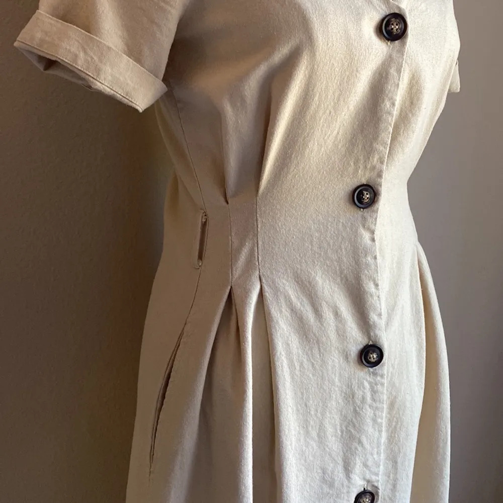 Vintage linen blend dress with pockets, side slits, waistline pleats Tan - Image 3