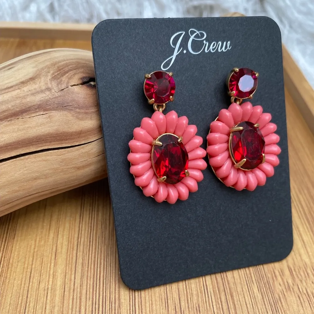 New J Crew Resin Beads and Faceted Garnet Colored Stones Drop Statement Earrings - Image 2