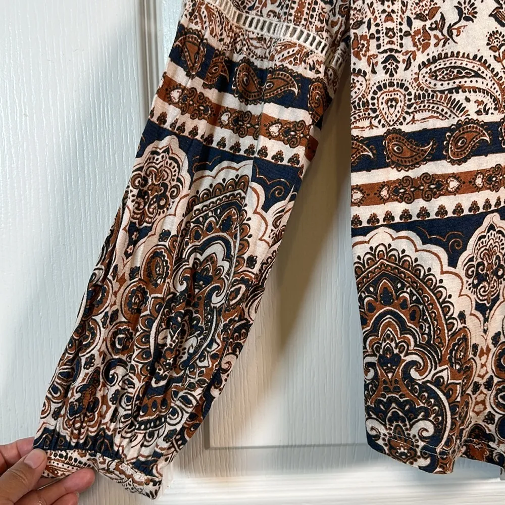 Lucky Brand Floral Front Tassel Peasant Brown Tan Blouse Size Large EUC #0741 - Image 3