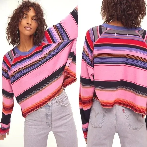 We The Free Free People Baja Striped Raglan Long Sleeve Cropped Crew Top Size XS - Image 2