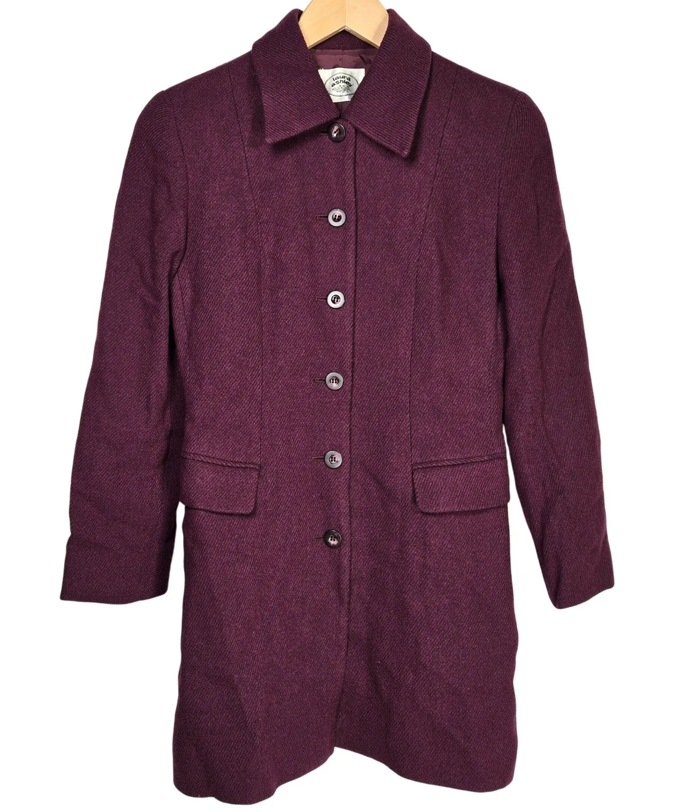 Vintage Laura Ashley Burgundy Herringbone Wool Blend Button Front Long Over Coat - Image 1