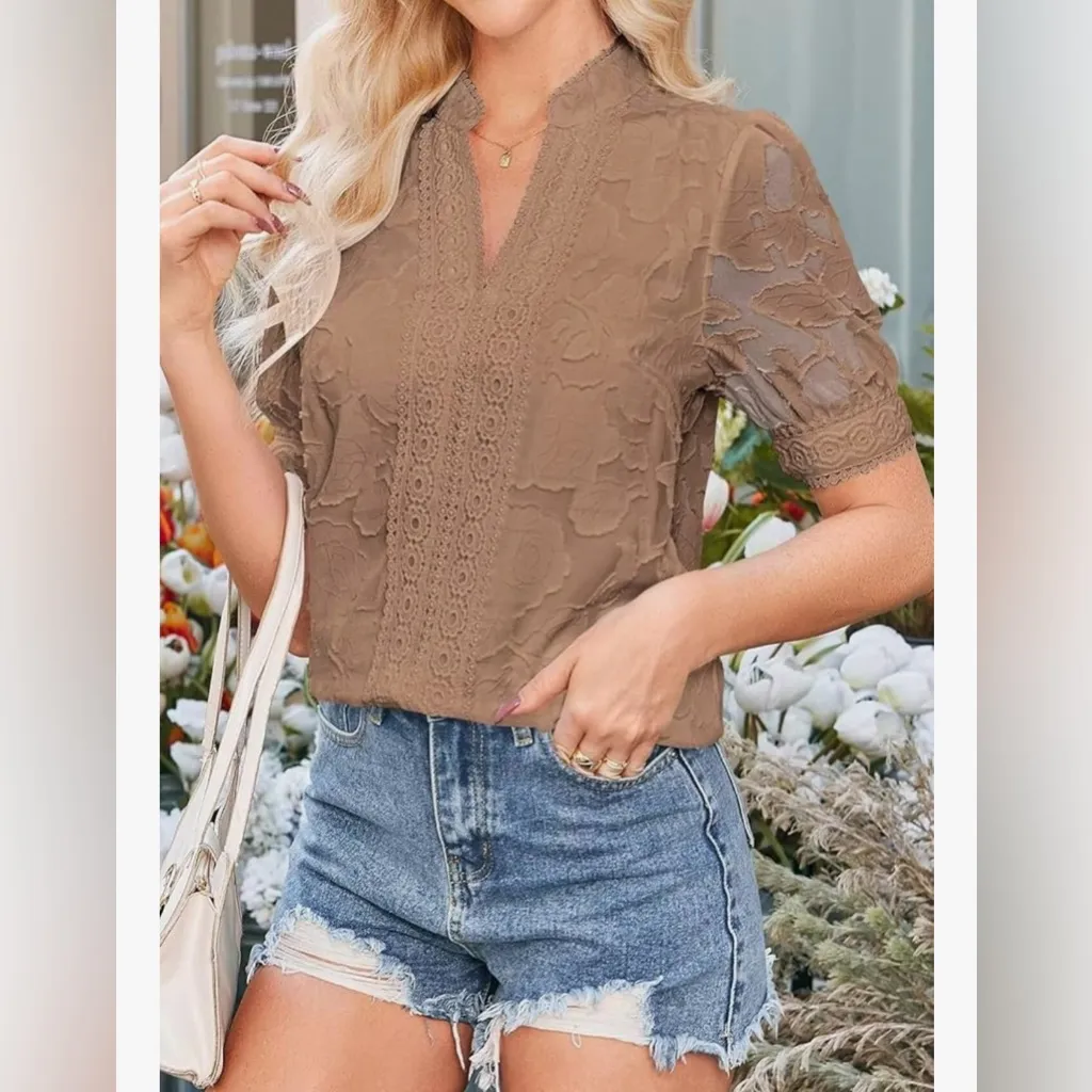 NEW Lace Dressy Casual Short Sleeve V Neck Shirts Elegant Career Blouse S Tan - Image 6