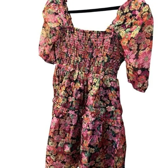 VERY J‎ Floral Print Smocked Square Neck Puff Sleeve Mini Dress Womens Size S - Image 3