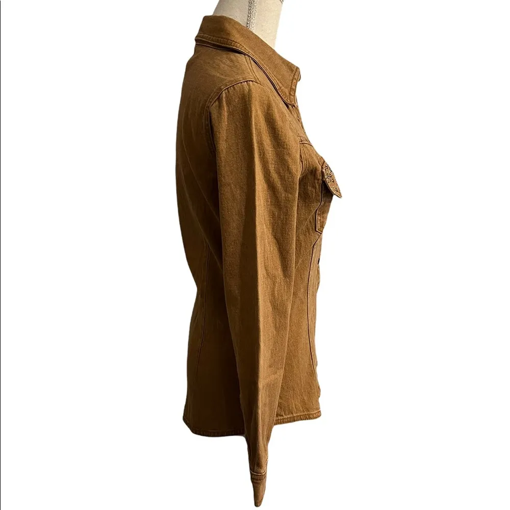 DG2 Embellished Distressed Wash Denim Shacket Brown Size XS - Image 4