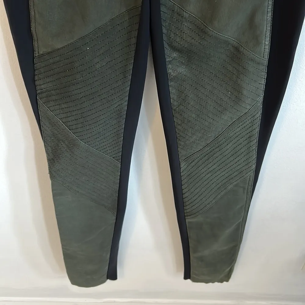 Elie Tahari Lamb Leather Panel Moto Leggings Army Green/Black - Image 5
