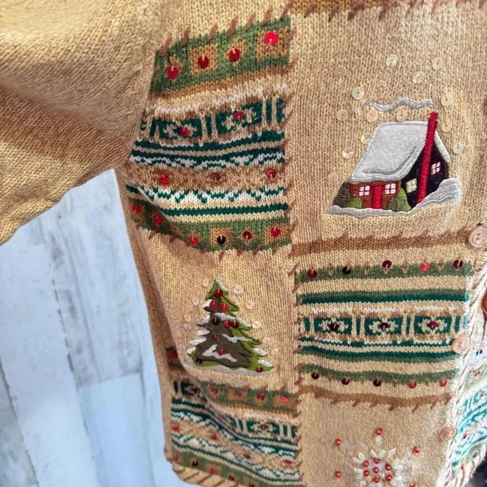 Vintage Embroidered Winter Cardigan XL whimsical kitchy Christmas holiday‎ Tan - Image 7