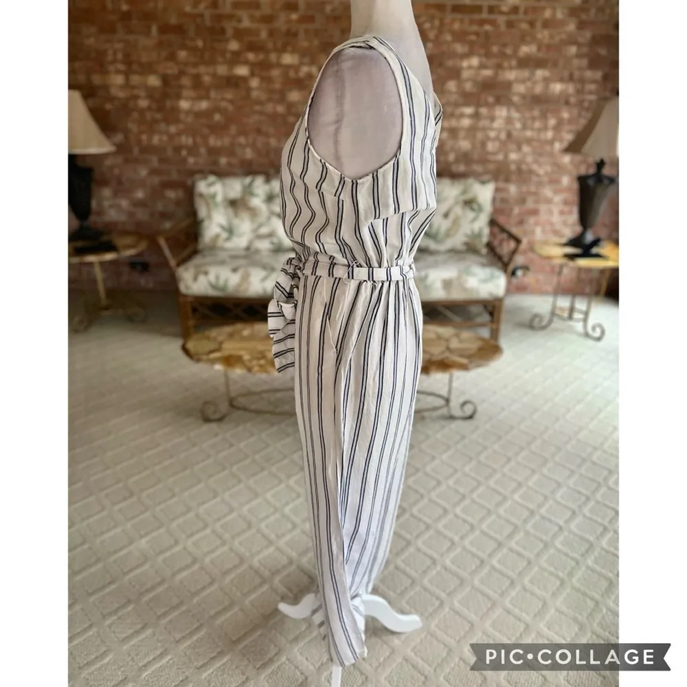A New Day Jumpsuit Stripe Wide Leg White Cropped Linen Blend S Sleeveless Belted - Image 8