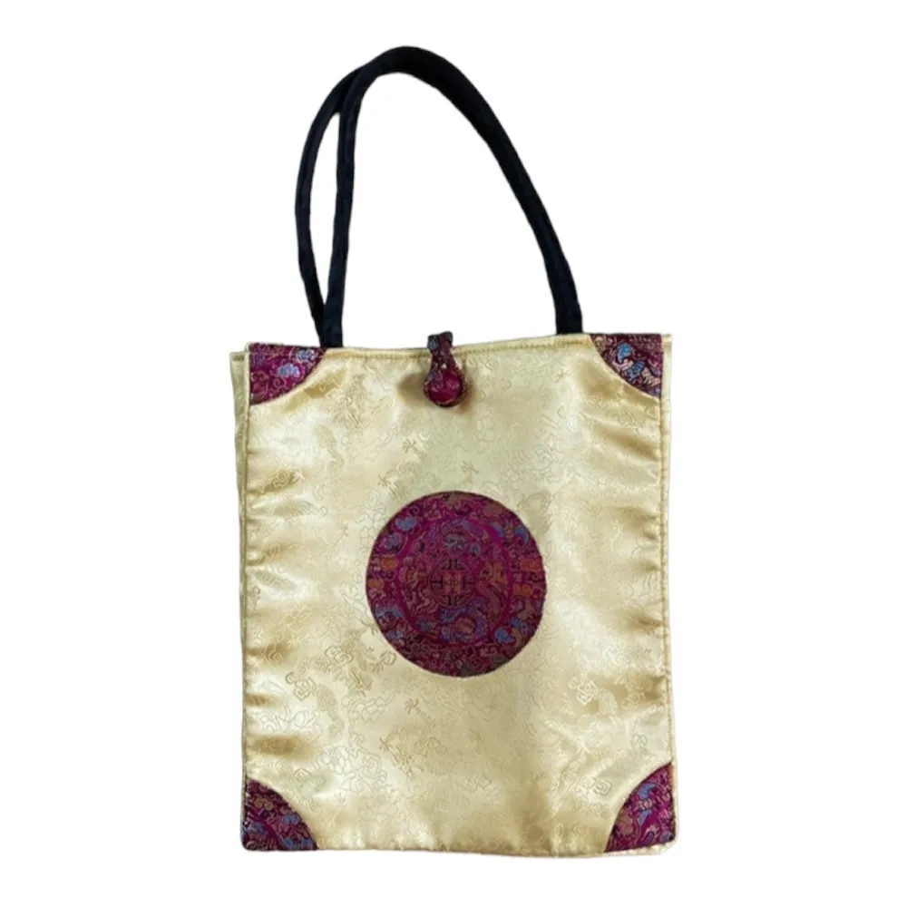 Chinese Oriental Vintage Silk Golden Red Double Handle Shoulder Bag Tote Purse - Image 4