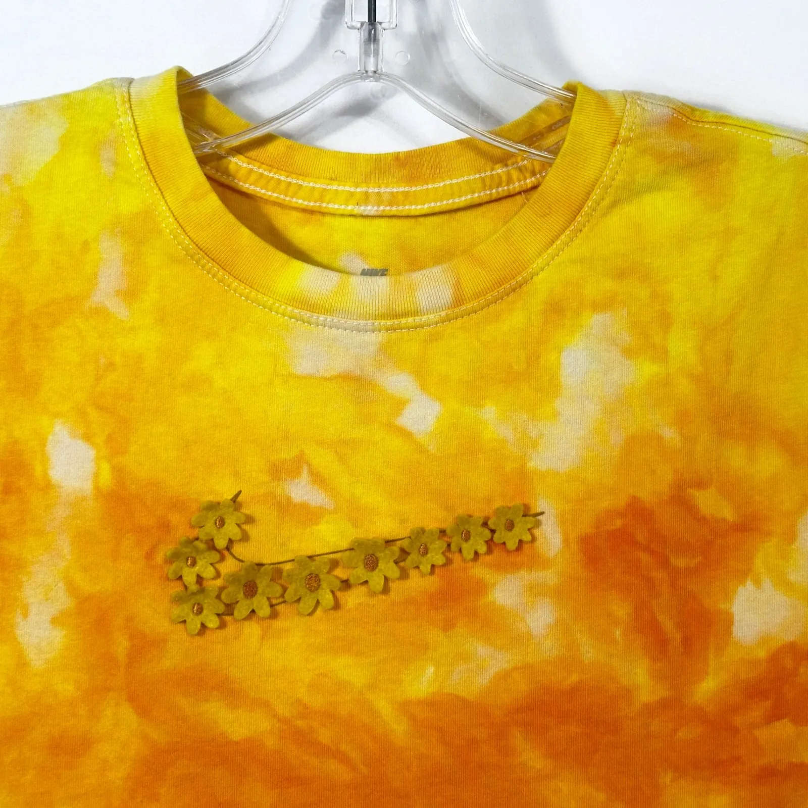 Nike Large Tee Handmade Tie Dye Top‎ Yellow Orange Felt Flower Logo Preppy 276 - Image 5