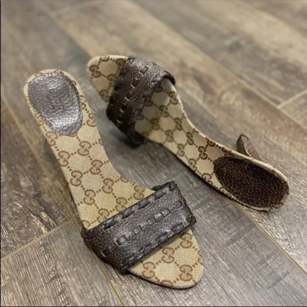 Authentic Gucci GG Print Slip On Kitten Heels Genuine Leather Size 9 Shoes - Image 7