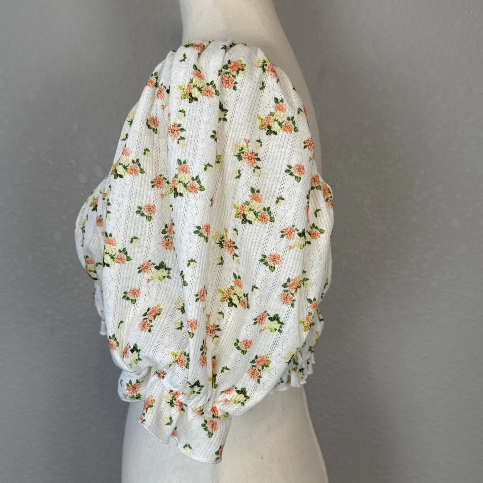 For Love & Lemons Lola Pointelle Crop Top Size L White Floral Short Puff Sleeve - Image 5