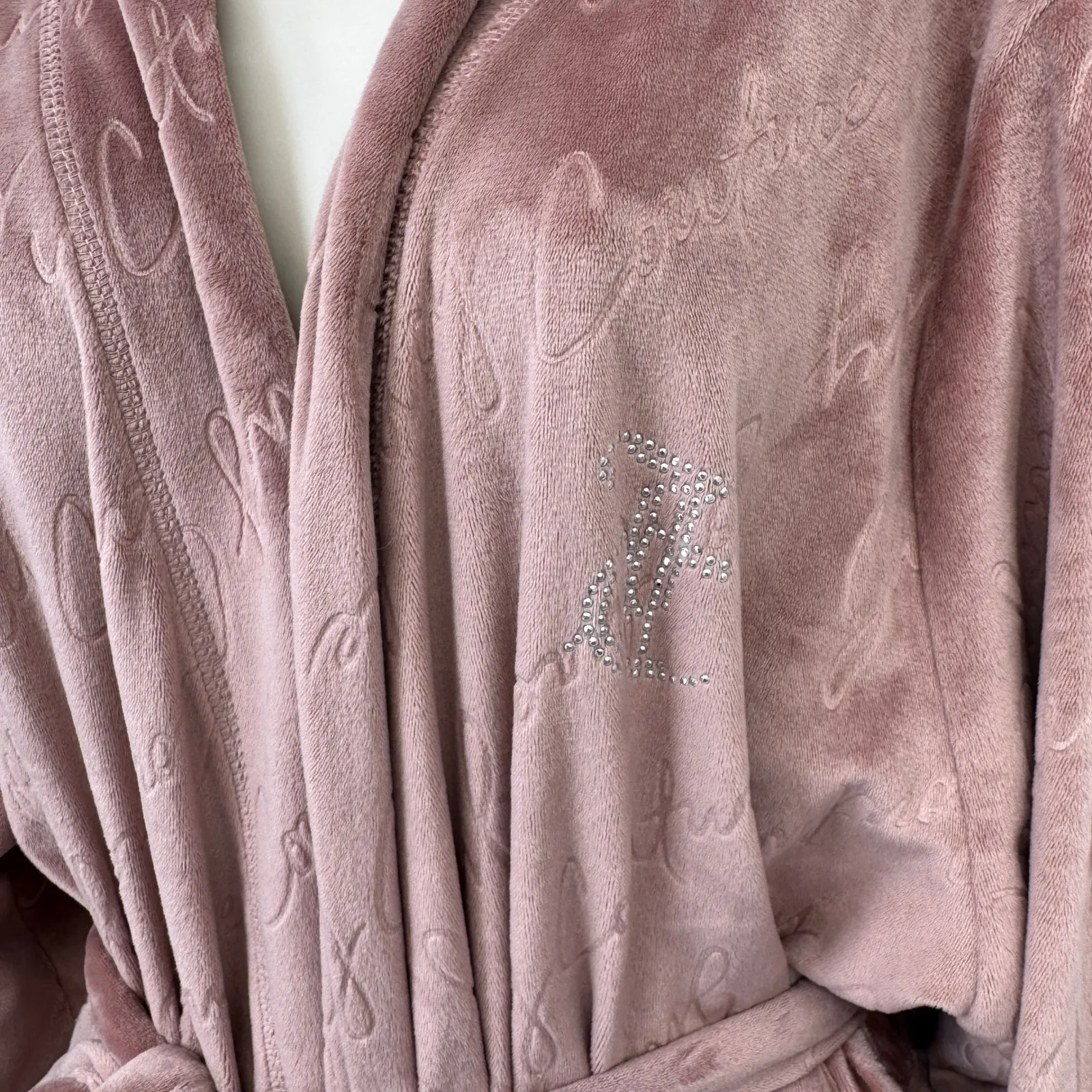 Juicy Couture Velour Robe Pink Embellished Logo Plush Womens 2X Belt Pockets - Image 7