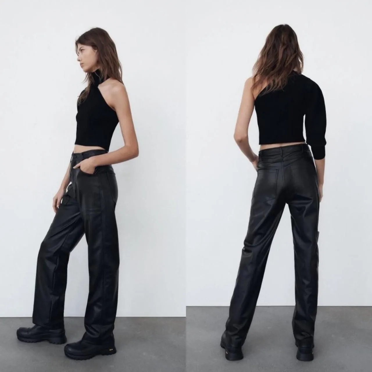 ZARA Black Faux Leather High-Rise Full Length Straight Cargo Pants Size Small - Image 3