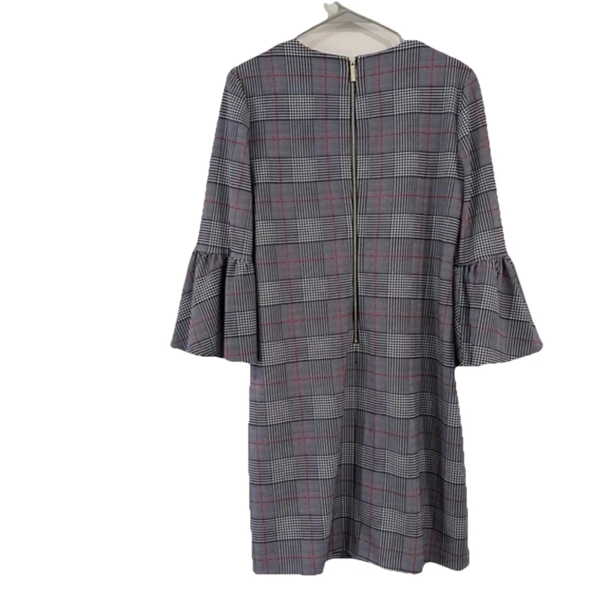 Calvin Klein Black White Houndstooth Plaid Bell Sleeve Crepe Sheath Dress Size 8 - Image 6