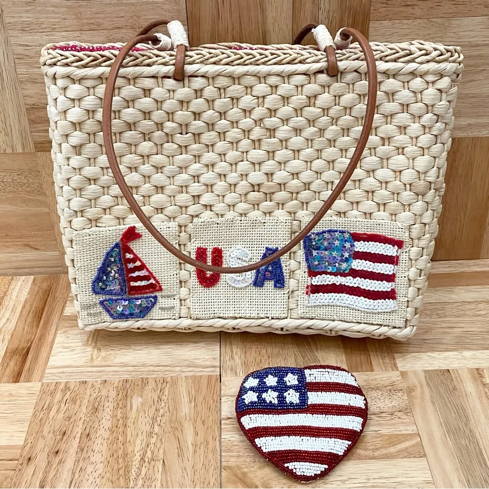 QVC Woven Wicker Basket Straw Purse Handbag USA 4th of July Patriotic Theme - Image 4