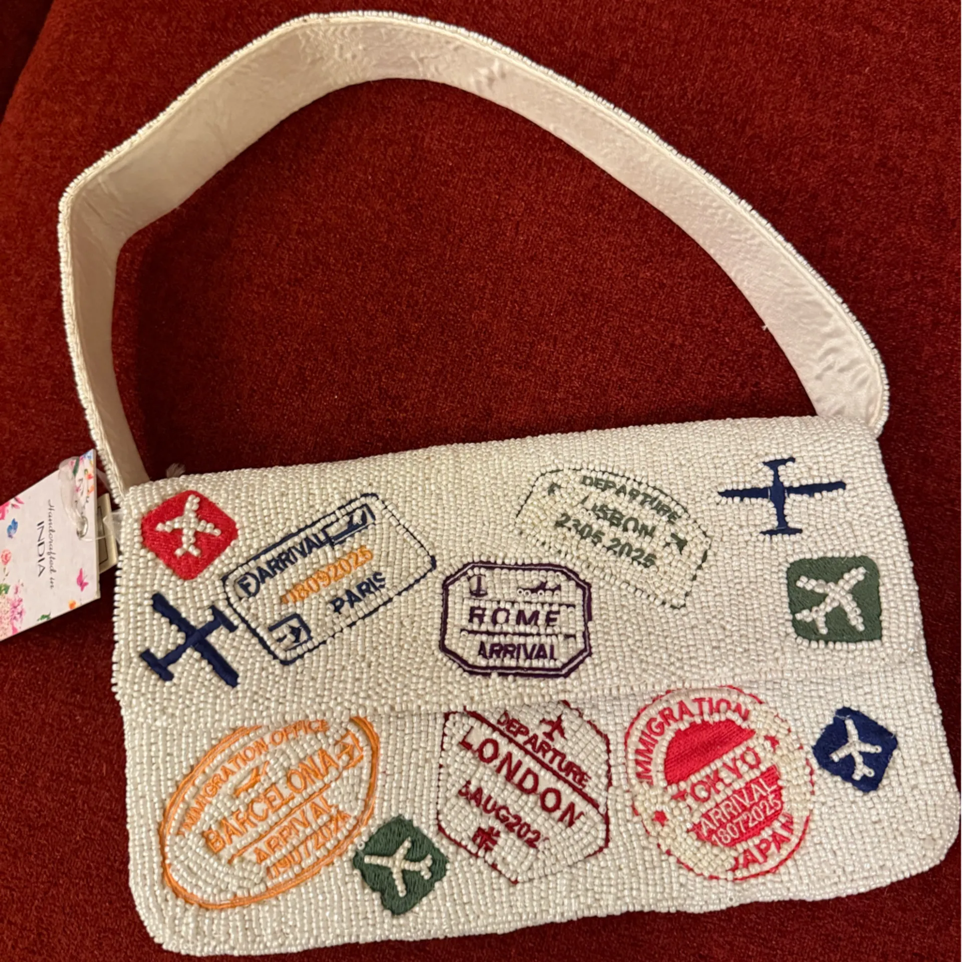 NWT Viral Travel Passport Cities Beaded Bag Made in India Handcrafted Handmade White - Image 2