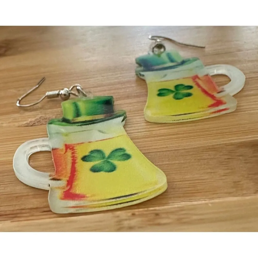 St Patricks Day Earrings Beer Shamrock Leprechaun Hat Dangle Hooks Parad… Green - Image 4