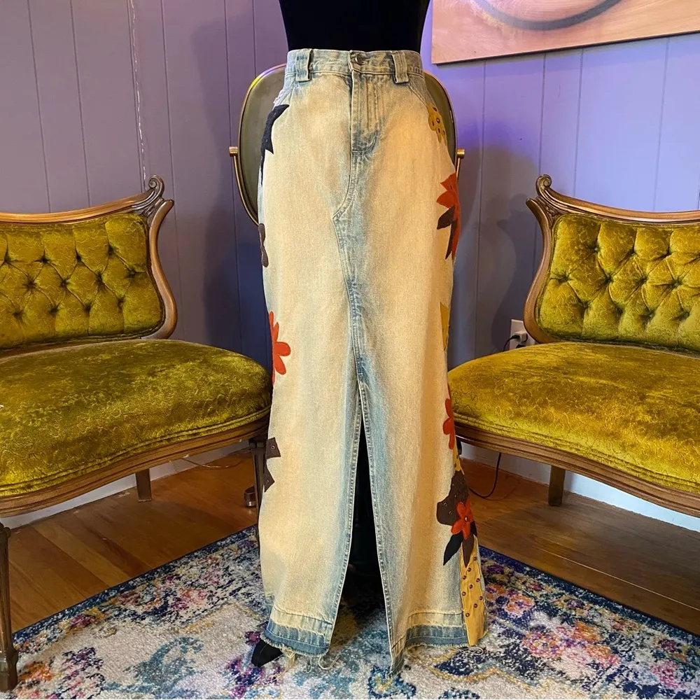 Vintage 90s/Y2K RARE Road Cat Suede And Felt Patchwork Maxi Denim Skirt Size M Size M - Image 2