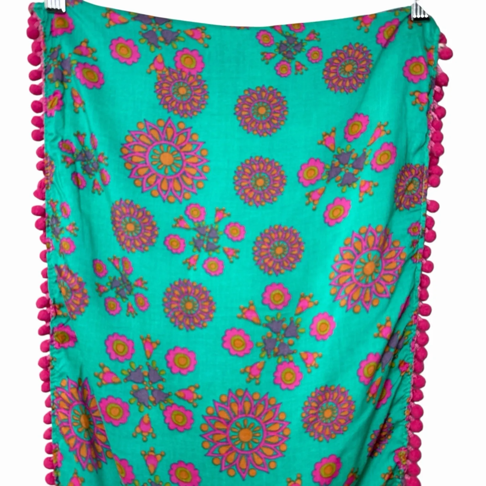 Natural Life Infinity Scarf Pom Pom Mandala Rayon Turquoise 14.5 W x36 L Boho - Image 7
