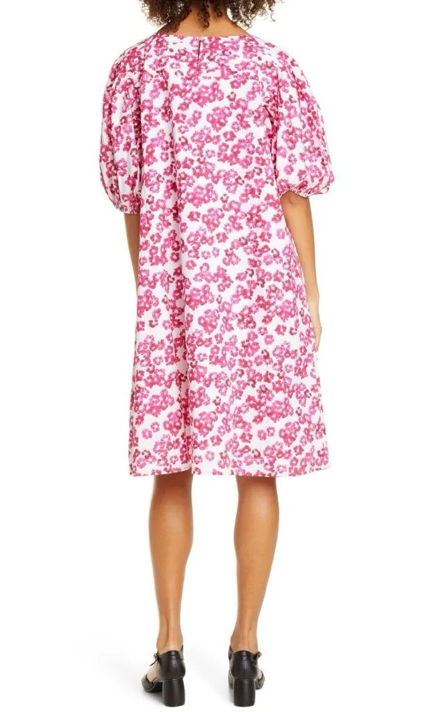 MERLETTE Floral Print Puff Sleeve Cotton Shift Dress Size S Pink - Image 2