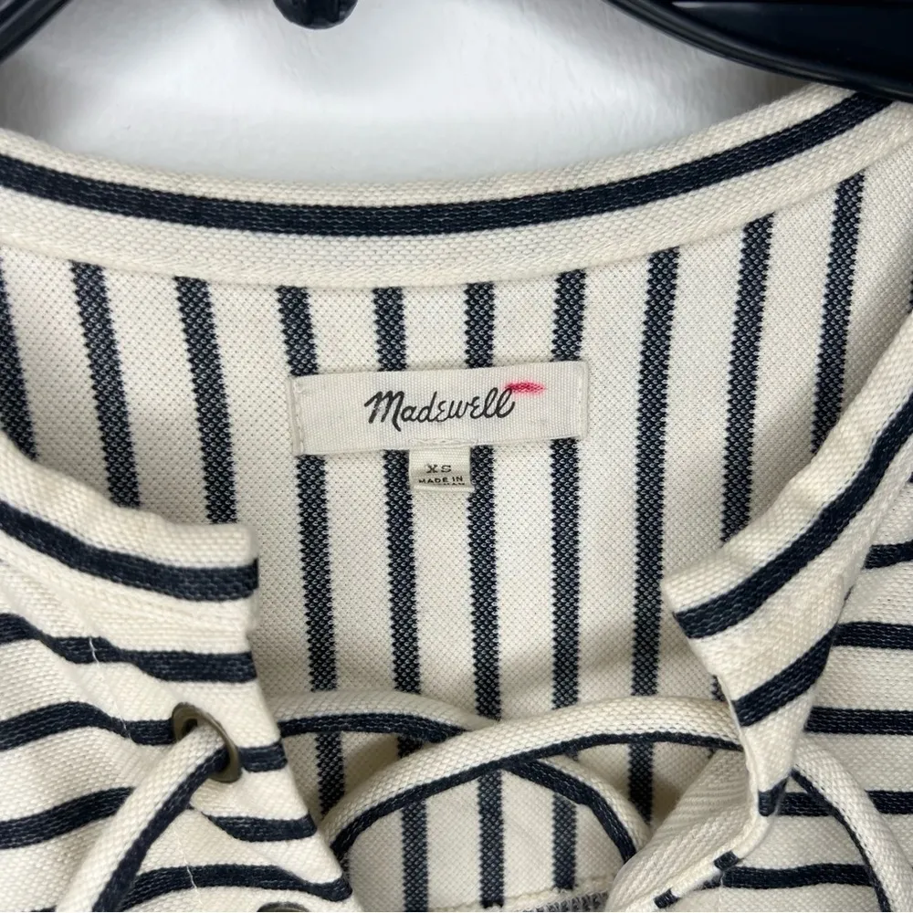 Madewell Black & White Striped Lace Up Short Sleeve Shirt - Image 4