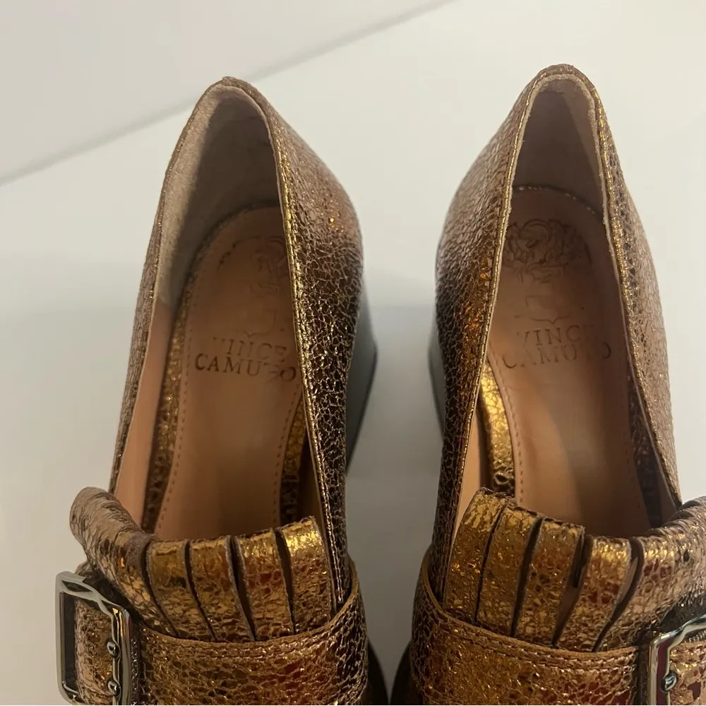 Vince Camuto Sedna Kiltie Block-Heeled Metallic Tailored Gold Loafers - Image 2