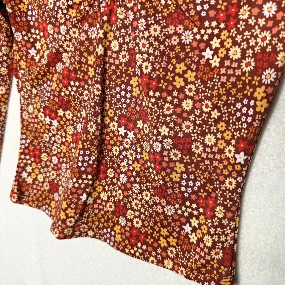 Floral Long Sleeve Criss Cross Crop Top Burnt Henna XS Bohemian New - Image 5