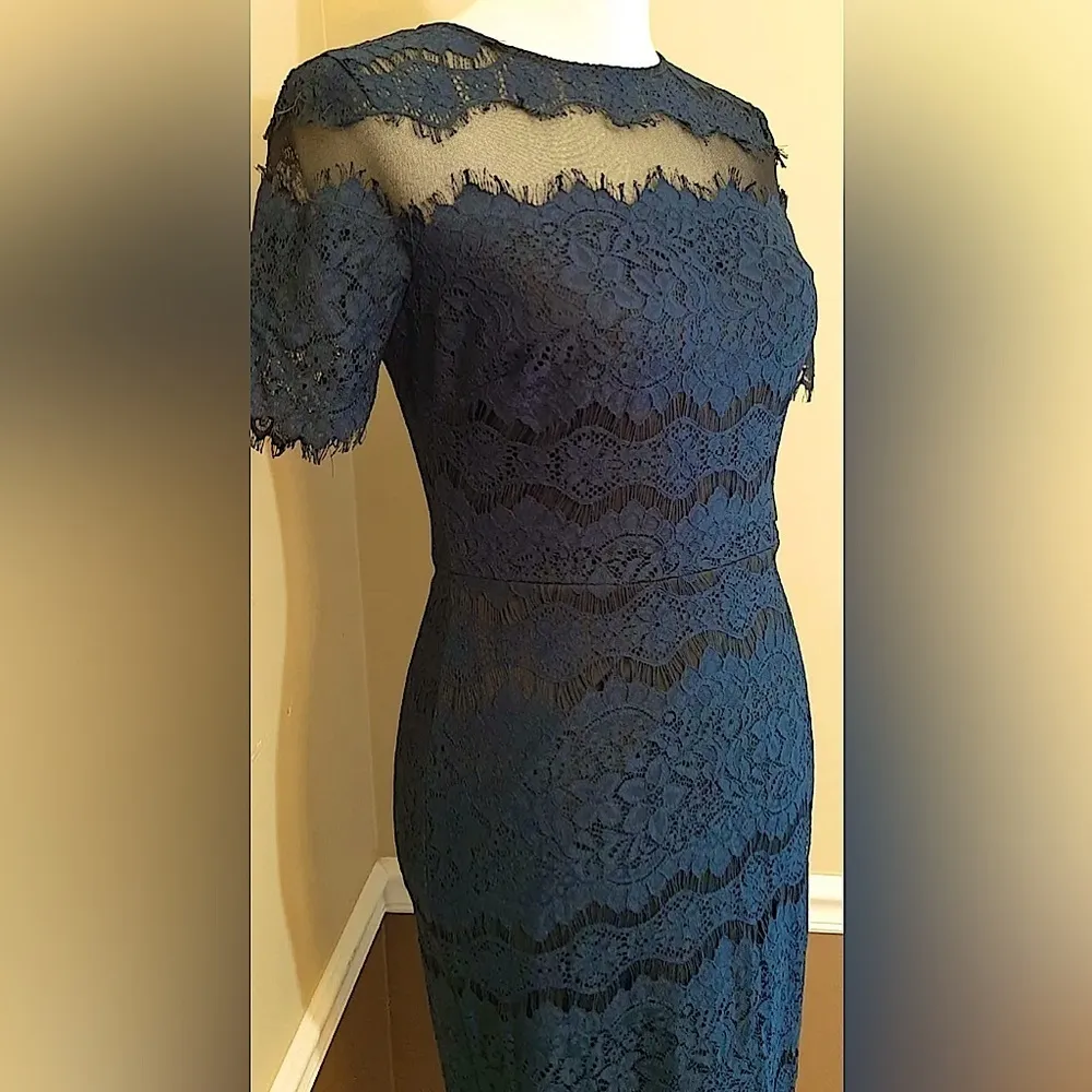 Navy Blue Lace Short Sleeve Black Mesh Modcloth Dress by - Image 2