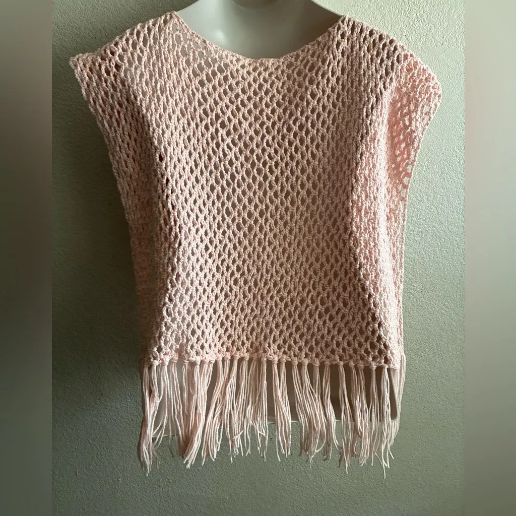 Pink Fringe Knit Sweater Poncho OS Size undefined - Image 5