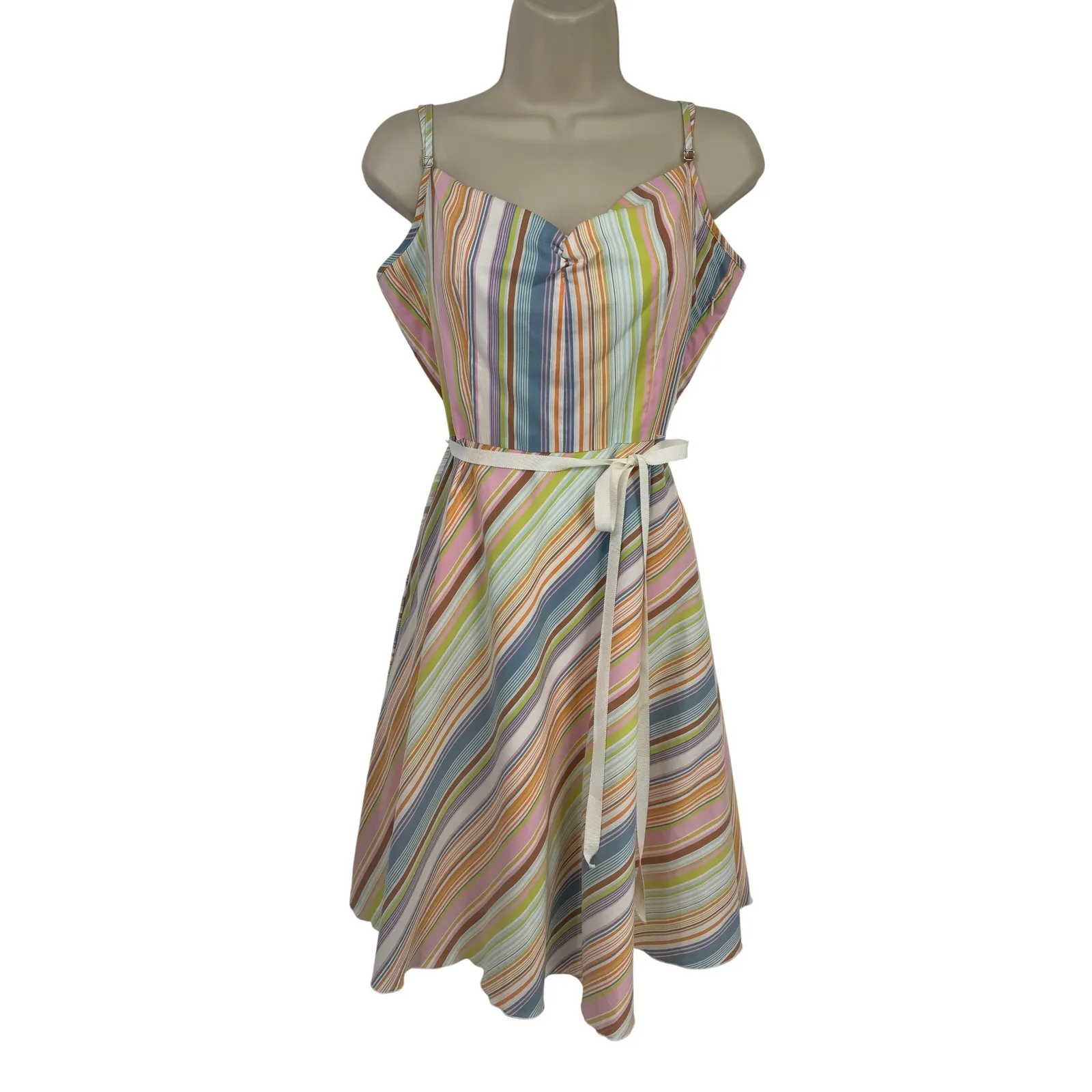 Trina Turk Striped Spaghetti Strap Sun Dress Womens 10 Cotton Tie Waist Lined - Image 2