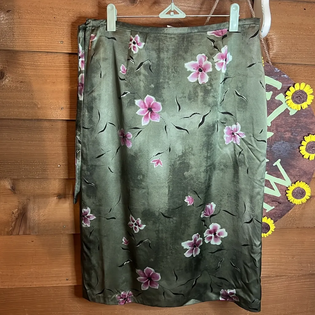 Country Road Australian Floral Silk Maxi Wrap Tie Japanese Lined Green Skirt - Image 3