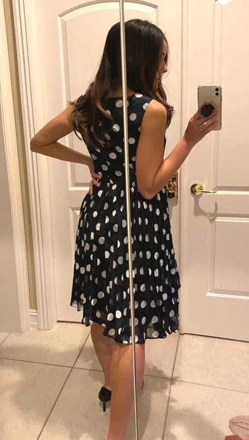 Gorgeous Navy and White Polka Dot Tea Dress with pleated skirt.  - Image 5