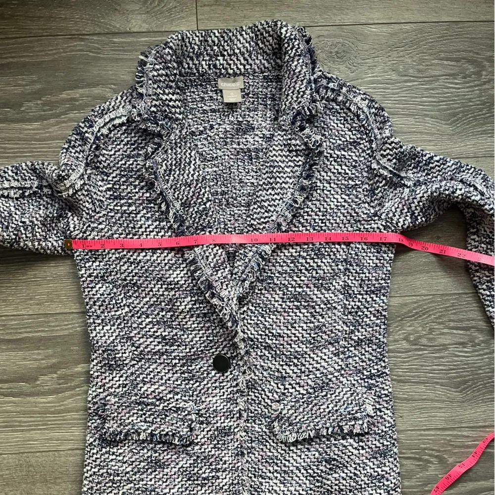 Chico’s Soft Tweed Blazer Pink Blue Frayed Hem Career Work Casual Size 0 (S) - Image 8