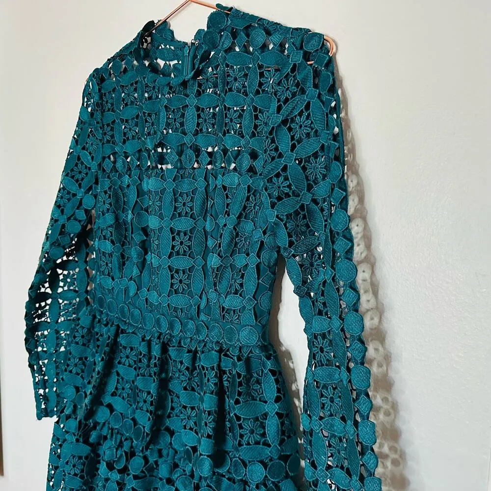 Slate & Willow Women's Teal Full Lace Long Sleeves Full Skirt Mini Dress Size 2 - Image 14