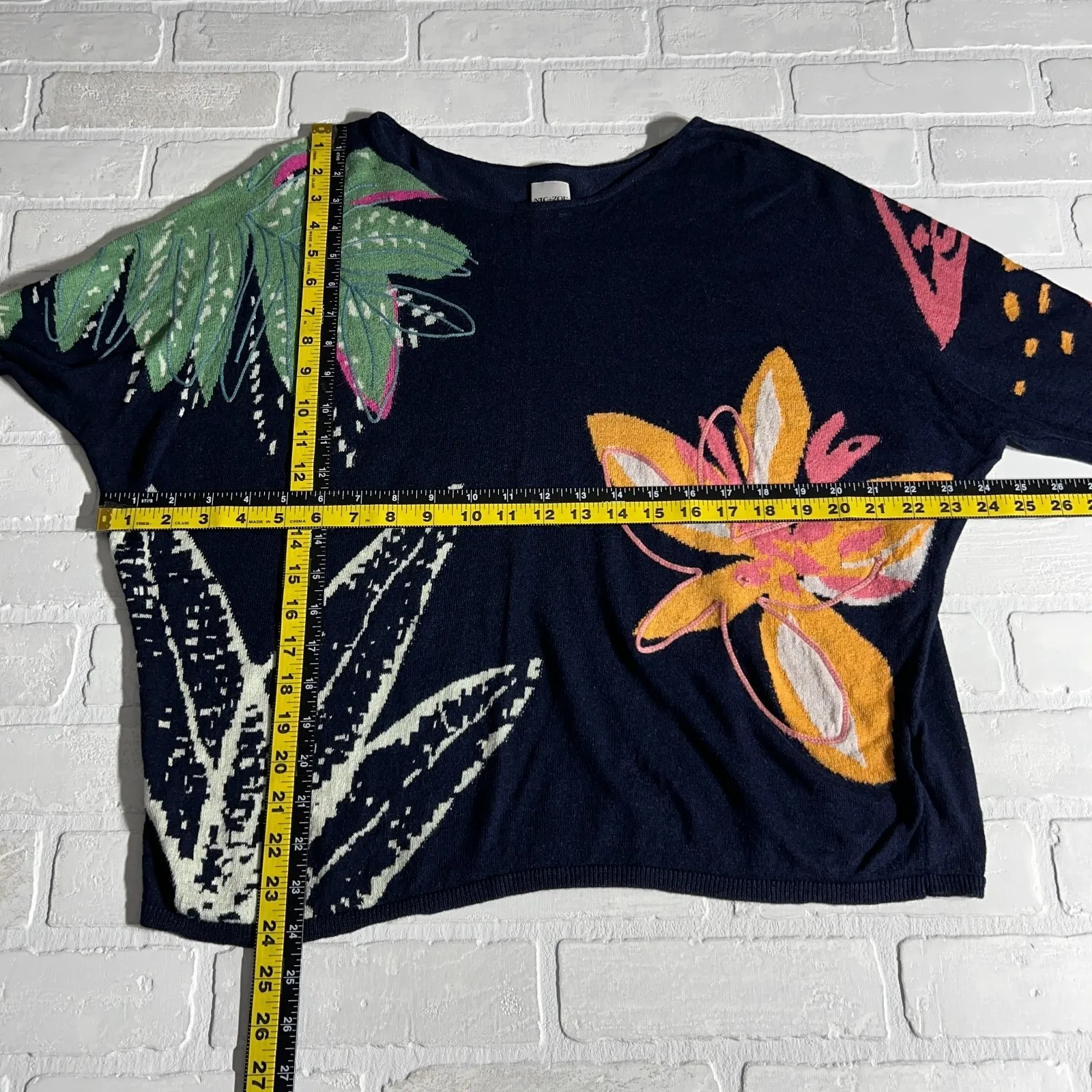 Nic + Zoe Sweater Top Women Large Navy Blue Floral Dolman Linen Blend 3/4 Sleeve - Image 2