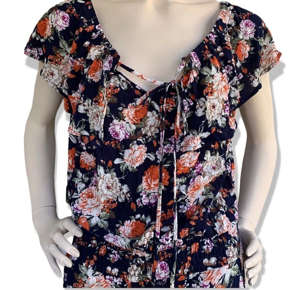 Easel Los Angeles cropped wide leg floral crepe ruffle jumpsuit M - Image 2