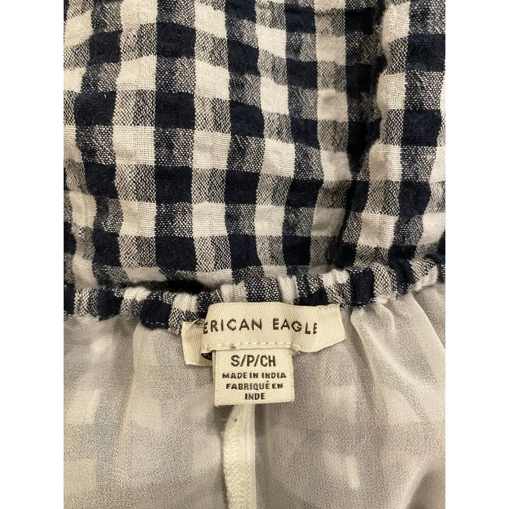 American Eagle Women's Dress S Gingham Check Sleeveless Navy White Cotton Linen - Image 4