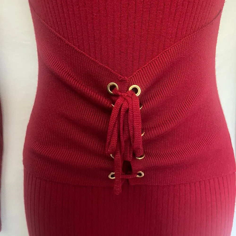 Vintage Y2K SAY WHAT Long Sleeve Sweater Dress Sz S Red Bodycon Corset Holiday - Image 3