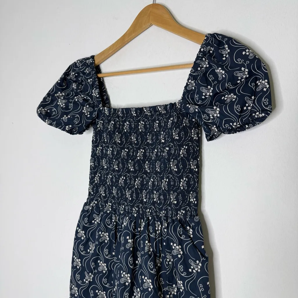 J.Crew Smocked Puff-Sleeve Midi Dress Navy Floral XXS - Image 10