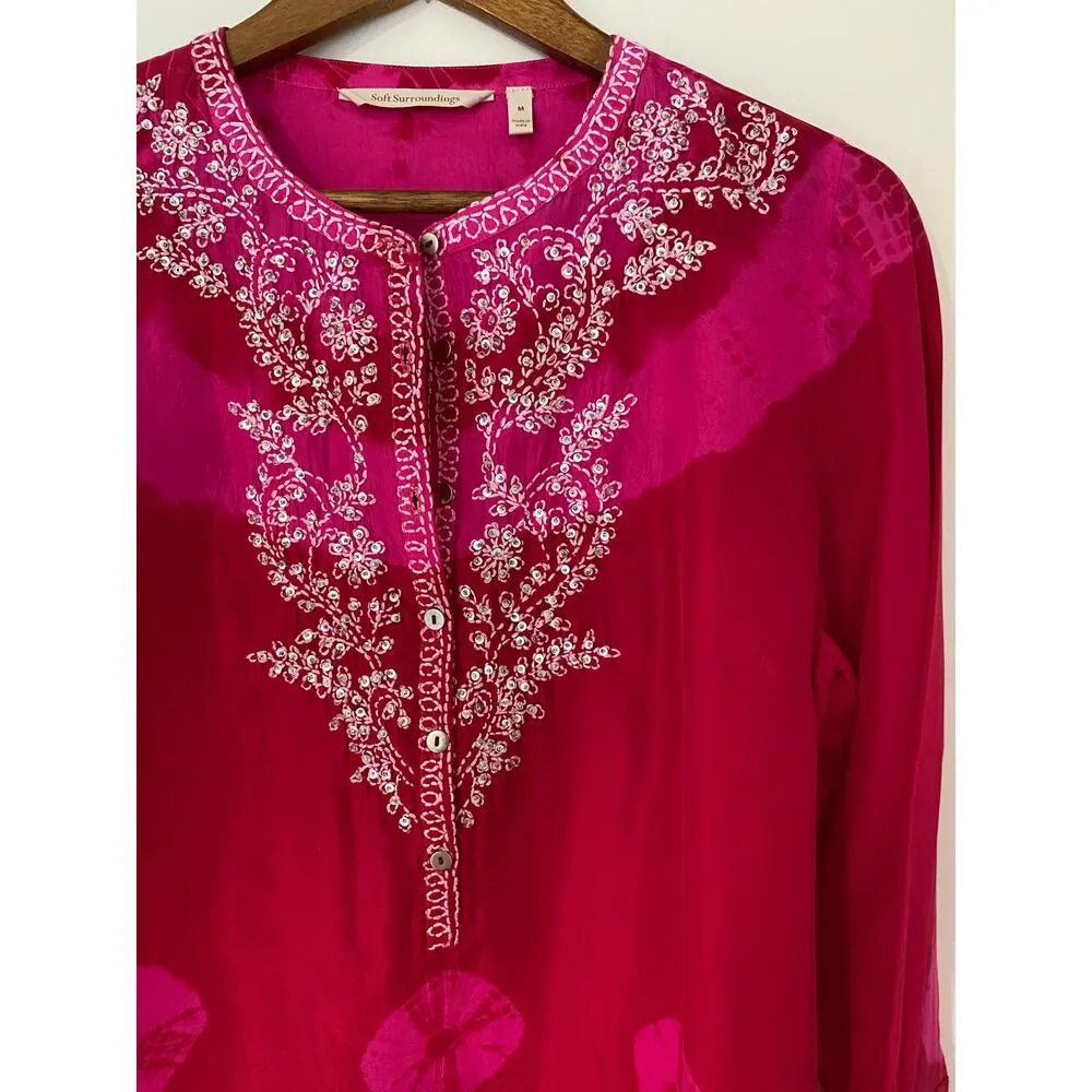 Soft Surroundings Hibiscus Lagoon Boho 100% Silk Blouse Hot Pink Red Fuschia M - Image 2