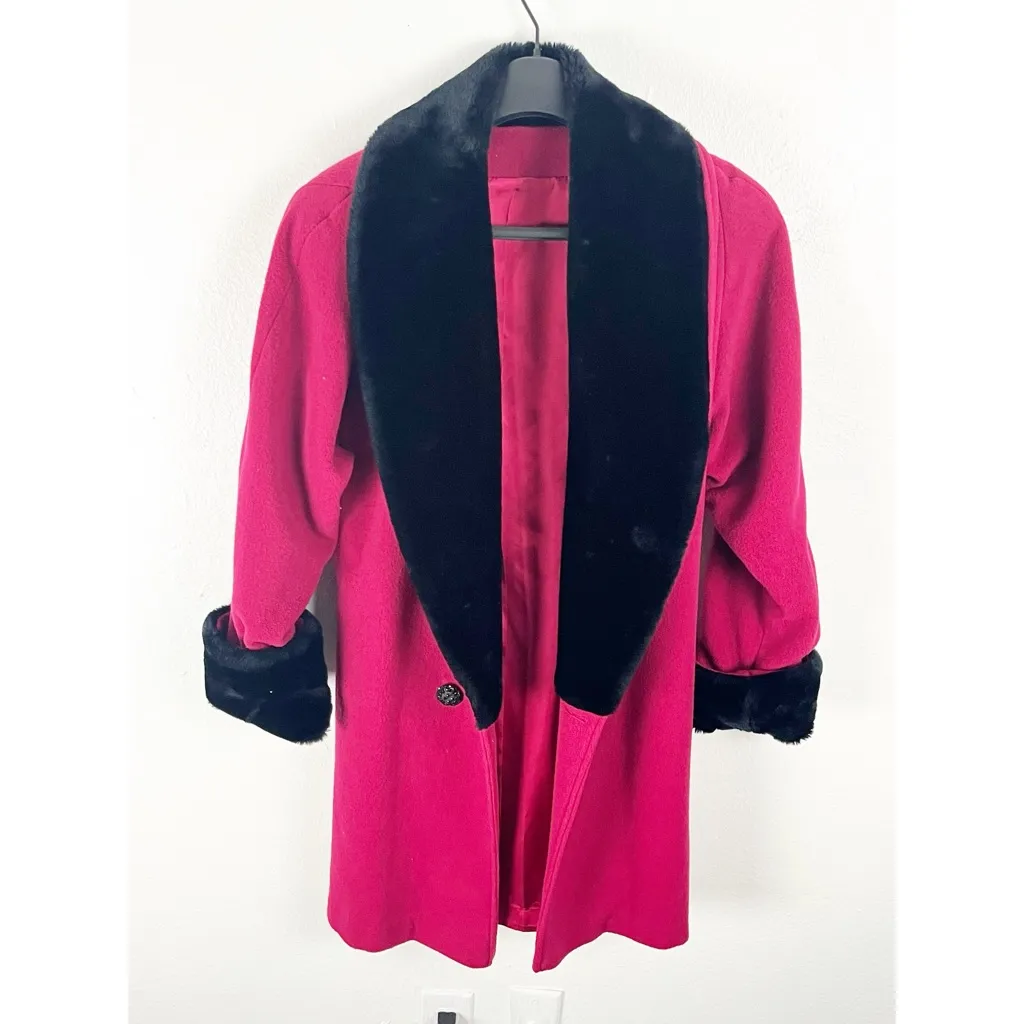 AMERICAN VINTAGE Red 100% Wool Faux Fur Trim Lined Belted Waist Coat Medium - Image 6