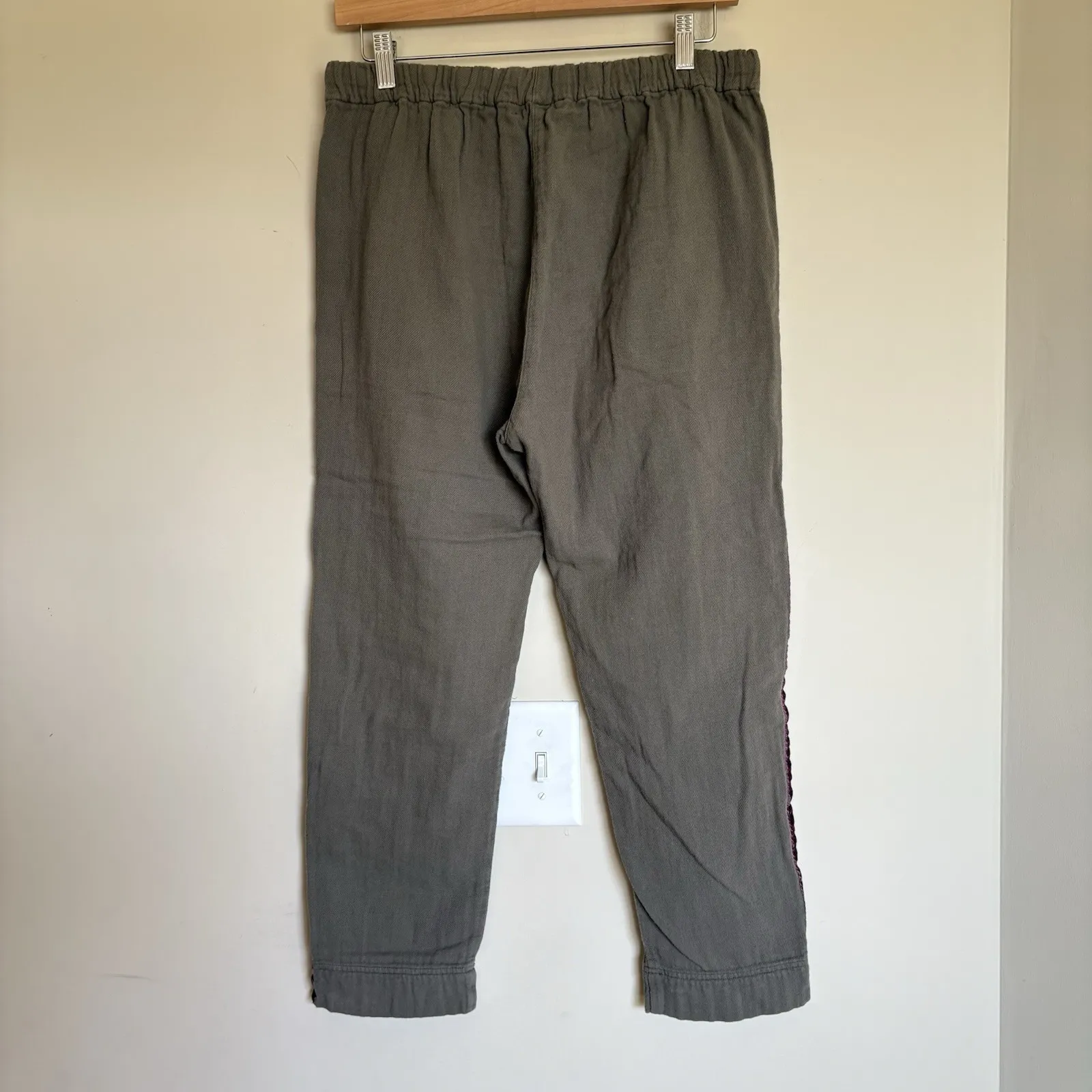 Xirena‎ Womens Gauze Army Green Drawstring Elastic Waist Velvet Stripes Pants SM - Image 3