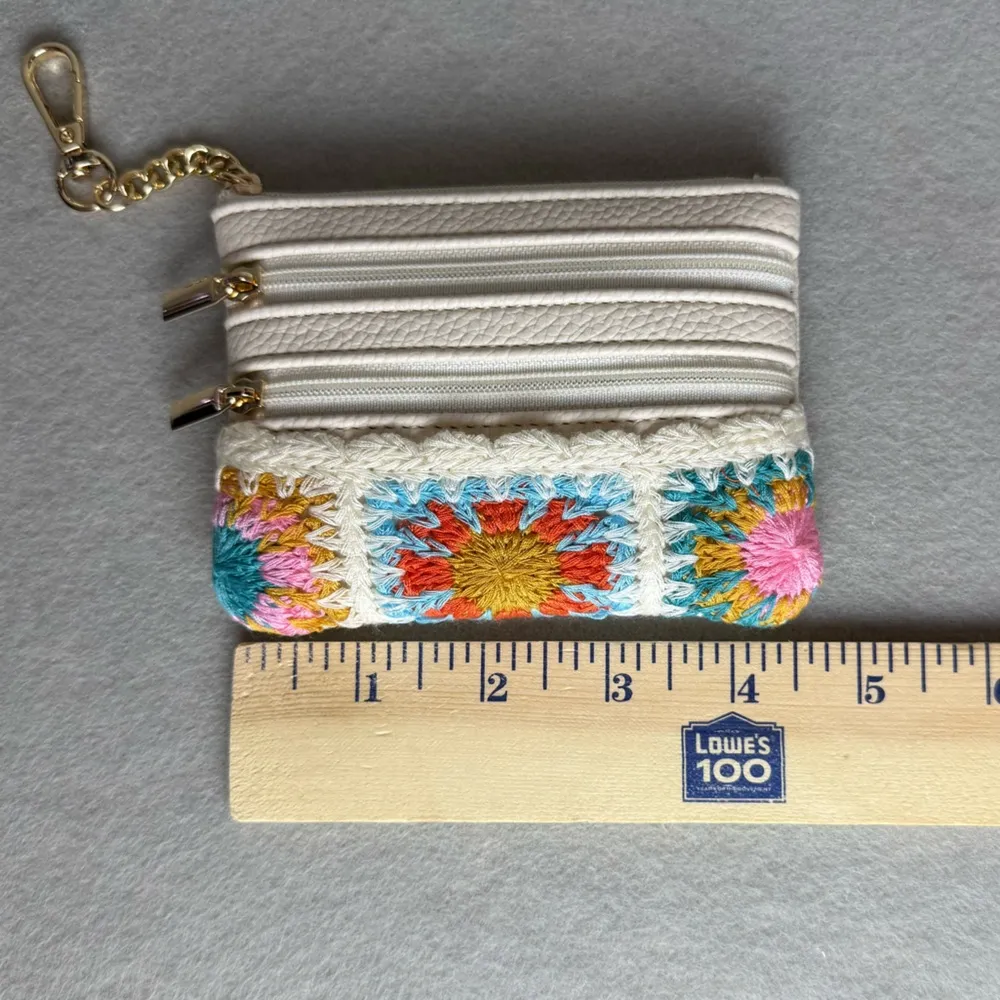 Key Pouch Floral Crochet Detail Faux Leather Multiple Zipper Pockets Card Holder Pink - Image 5