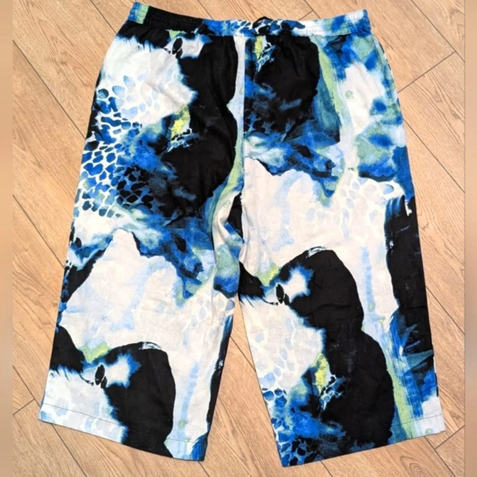 🆕 DKNY Linen Pants Plus 1X Blue Black Print Cropped Wide Leg Pants NEW NWT - Image 5