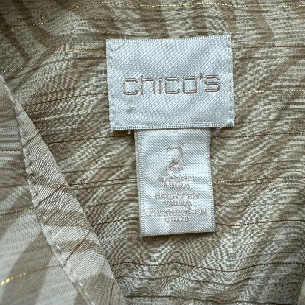 Chicos Animal Print Sheer Button Down Shirt 2 L Safari Mob Wife Beige Boho Zebra - Image 8